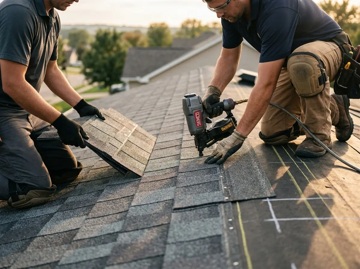 Professional roofer working on a residential roof in Fairbanks